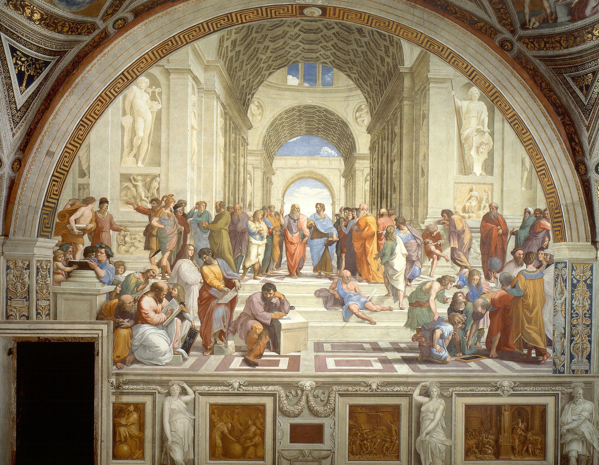 Raphael's painting The School of Athens: philosophers gathered in a grand hall