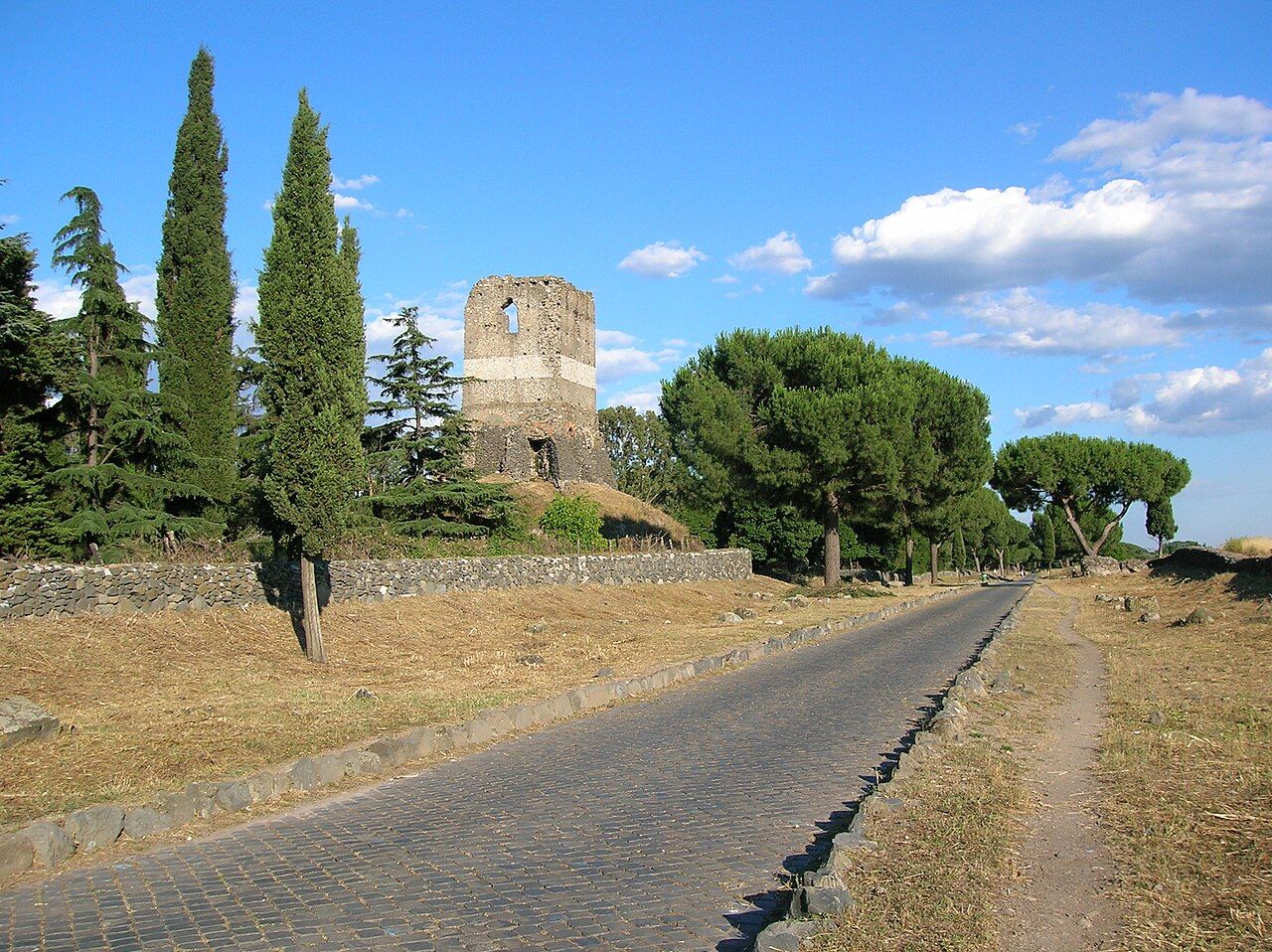 The Via Appia, an old stone road lined with tall cypress trees